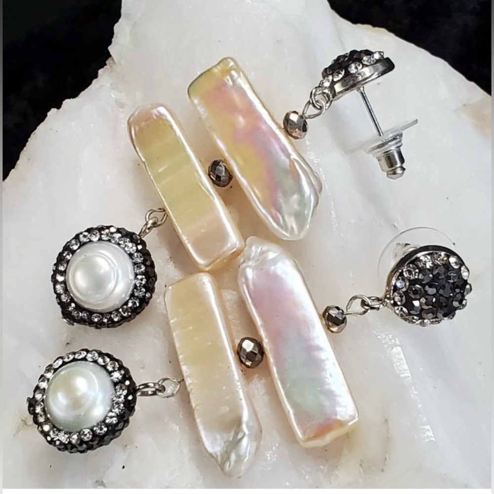 Genuine Pearl & Crystal and Platinum-Plated Silver Earrings